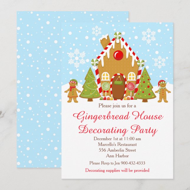 Red Gingerbread House Decorating Christmas Party Invitation (Front/Back)