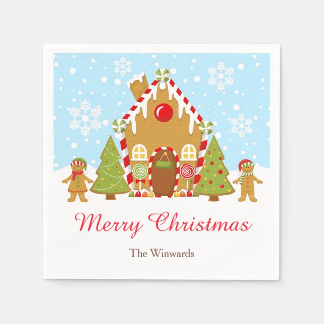 Red Gingerbread House Decorating Christmas Party Napkins (Front)