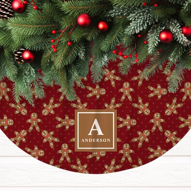Red Gingerbread Man Monogram Christmas Brushed Polyester Tree Skirt (Creator Uploaded)