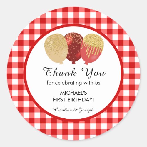 Red Gingham 1st Birthday Glitter Balloons Favor Classic Round Sticker