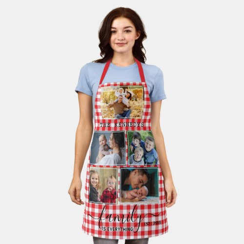 Red Gingham 5 Photo Collage Family Quote Name Apron