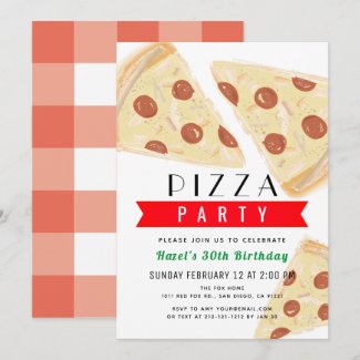 Red Gingham Adult Pizza Party Birthday Invitation