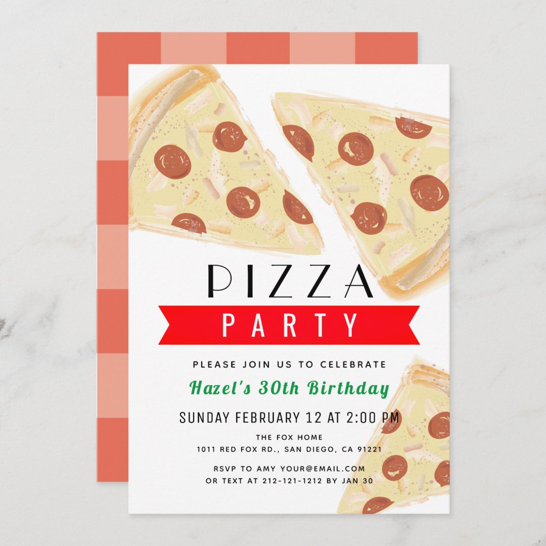 Red Gingham Adult Pizza Party Birthday Invitation | Zazzle