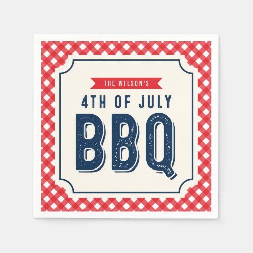 Red Gingham and Blue 4th of July BBQ Paper Napkins