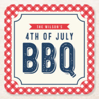 Red Gingham and Blue 4th of July BBQ Square Paper Coaster