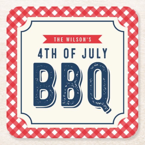 Red Gingham and Blue 4th of July BBQ Square Paper Coaster