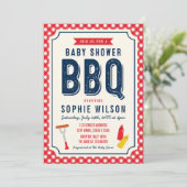 Red Gingham and Blue Baby Shower BBQ Invitation (Standing Front)