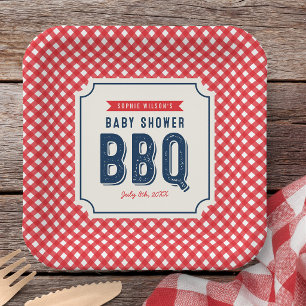 Red Gingham and Blue Baby Shower BBQ Paper Plates