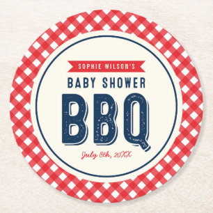 Red Gingham and Blue Baby Shower BBQ Party Round Paper Coaster