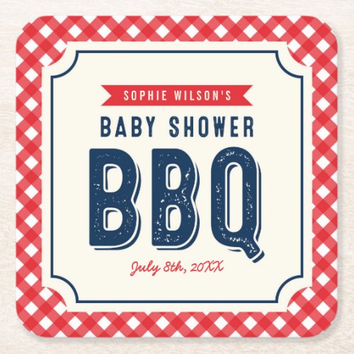 Red Gingham and Blue Baby Shower BBQ Party Square Paper Coaster