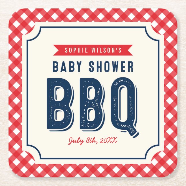 Red Gingham and Blue Baby Shower BBQ Party Square Paper Coaster (Front)