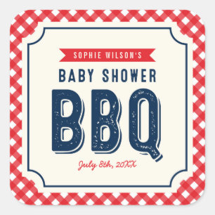 Red Gingham and Blue Baby Shower BBQ Party Square Sticker