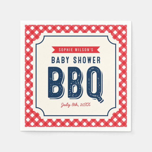 Red Gingham and Blue BBQ Baby Shower Napkins (Front)