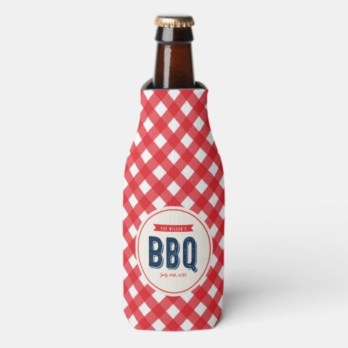 Red Gingham and Blue BBQ Party Bottle Cooler