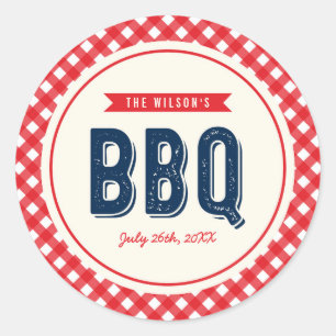Red Gingham and Blue BBQ Party Classic Round Sticker