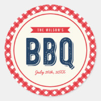 Red Gingham and Blue BBQ Party Classic Round Sticker