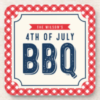 Red Gingham and Blue Fourth of July BBQ Beverage Coaster