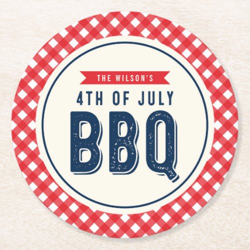 Red Gingham and Blue Fourth of July BBQ Round Paper Coaster