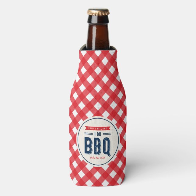 Red Gingham and Blue I Do BBQ Engagement Bottle Cooler (Bottle Front)