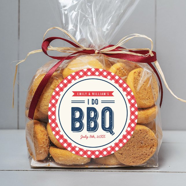Red Gingham and Blue I Do BBQ Engagement Party Classic Round Sticker (Creator Uploaded)