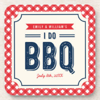 Red Gingham and Blue I Do BBQ Engagement Party Drink Coaster