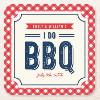 Red Gingham and Blue I Do BBQ Engagement Party Square Paper Coaster
