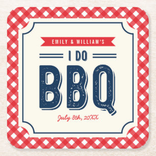 Red Gingham and Blue I Do BBQ Engagement Party Square Paper Coaster