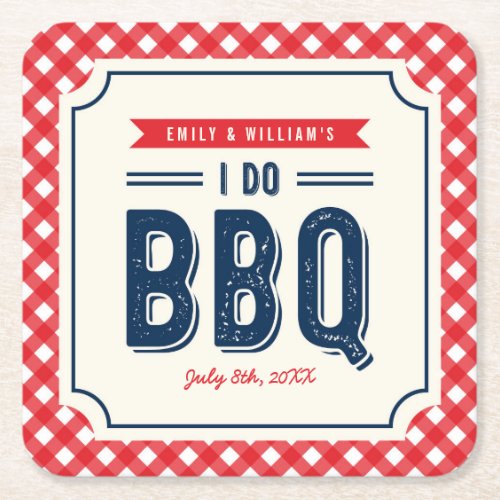 Red Gingham and Blue I Do BBQ Engagement Party Square Paper Coaster