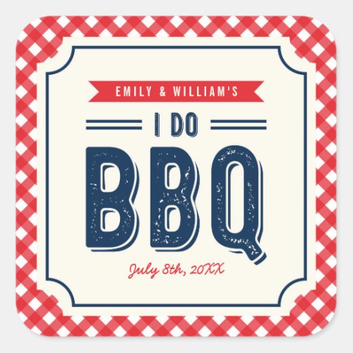 Red Gingham and Blue I Do BBQ Engagement Party Square Sticker