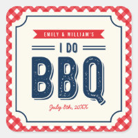 Red Gingham and Blue I Do BBQ Engagement Party Square Sticker