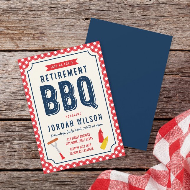 Red Gingham and Blue Retirement Party BBQ Invitation (Creator Uploaded)