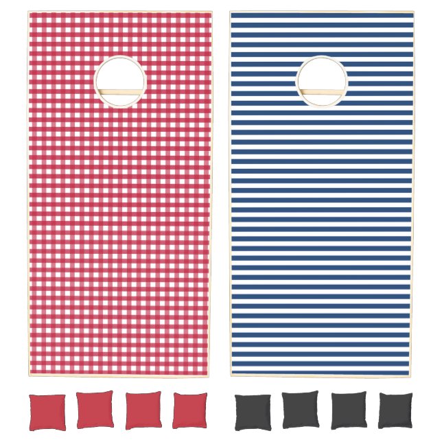 Red Gingham and Blue Stripes Cornhole Set (Set)