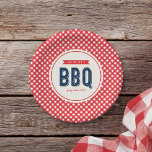 Red Gingham and Blue Summer BBQ Paper Plates<br><div class="desc">Celebrate the summer with a BBQ party. Impress your guests with this BBQ paper plate featuring a light orange tint center bordered by a red gingham pattern. Check out matching items like invitation, stickers and stamps here https://www.zazzle.com/collections/gingham_bbq_party_collection-119000567419036723?rf=238364477188679314 Personalize this barbecue party paper plate by replacing the placeholder text in the...</div>