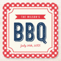 Red Gingham and Blue Summer BBQ Square Paper Coaster