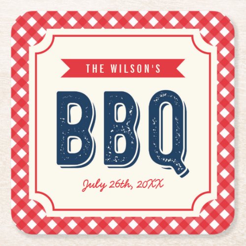 Red Gingham and Blue Summer BBQ Square Paper Coaster