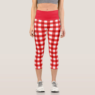 Red gingham and checkered pattern capri leggings