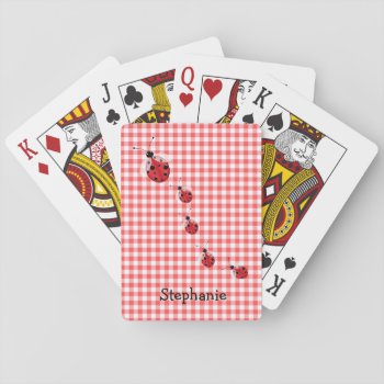 Red Gingham And Ladybugs Custom Playing Cards by Hannahscloset at Zazzle