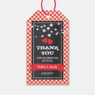 Red Gingham and Lights Chalkboard Engagement Party Gift Tags