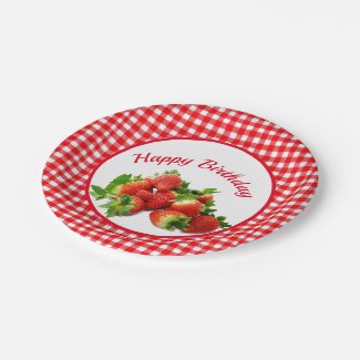 Red Gingham and Strawberries Birthday Party Paper Plate