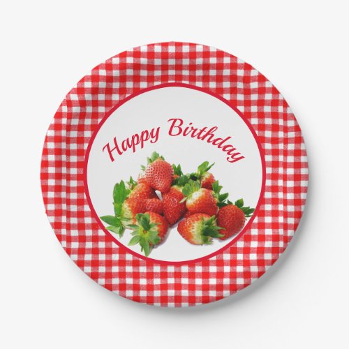 Red Gingham and Strawberries Birthday Party Paper Plates