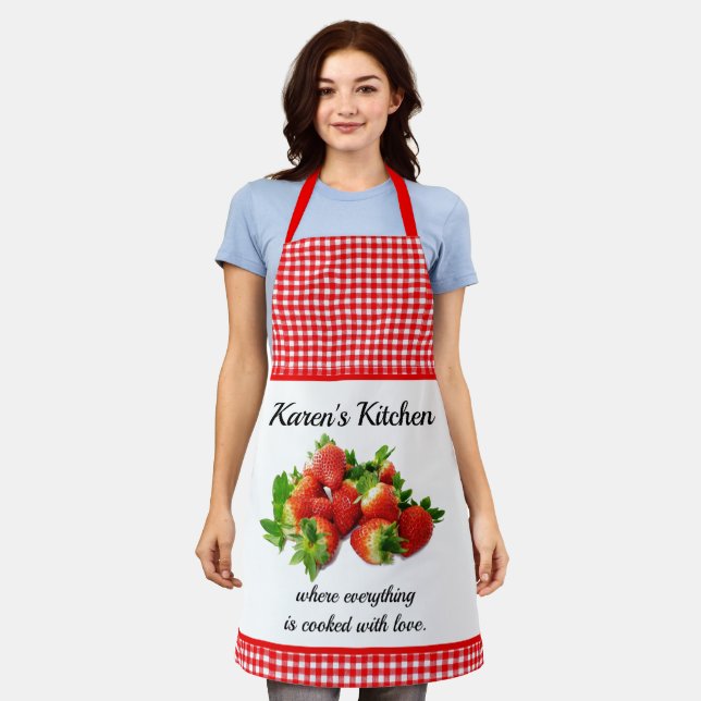 Red Gingham and  Strawberries Personalized Apron (Worn)