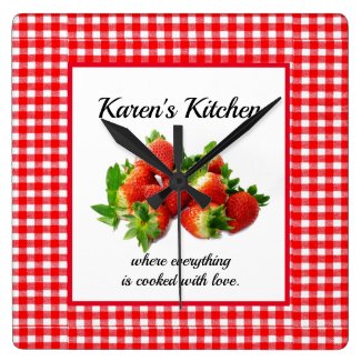 Red Gingham and Strawberries Wall Clock