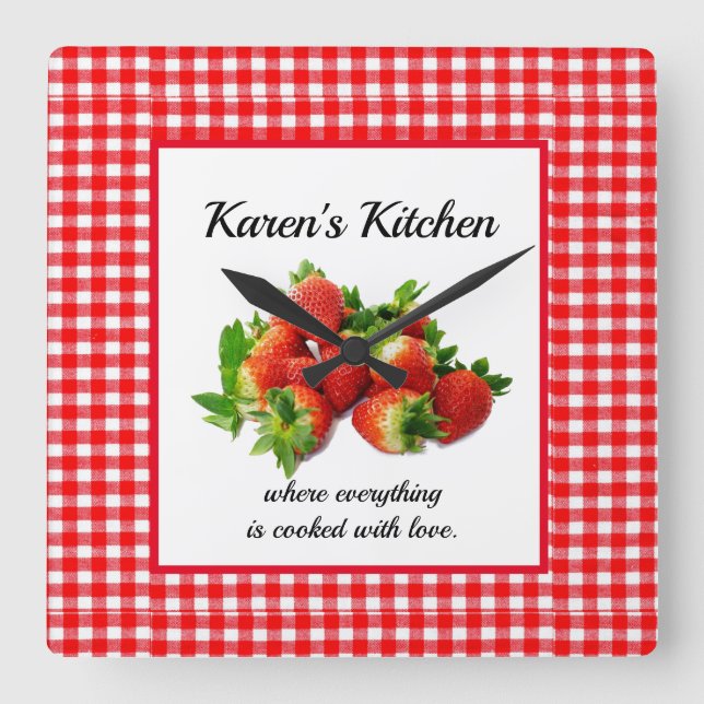 Red Gingham and  Strawberries Wall Clock (Front)