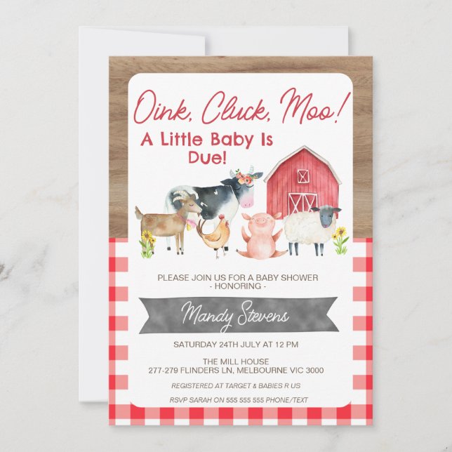 Red Gingham and Wood Baby shower Farm invitation (Front)