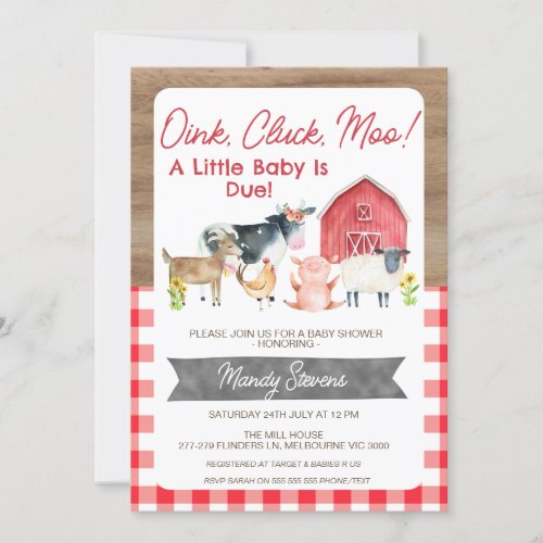 Red Gingham and Wood Baby shower Farm invitation