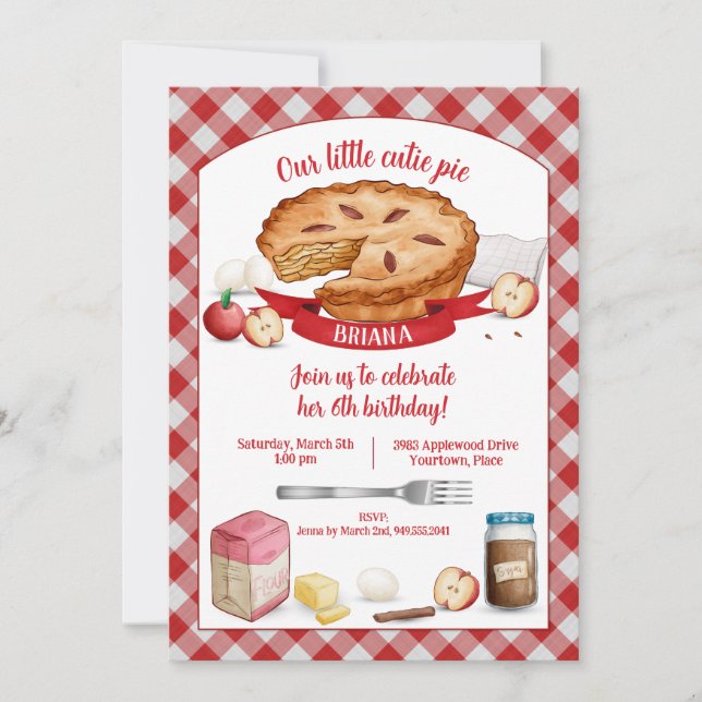 Red Gingham Apple Cutie Pie Birthday Party Invitation (Front)