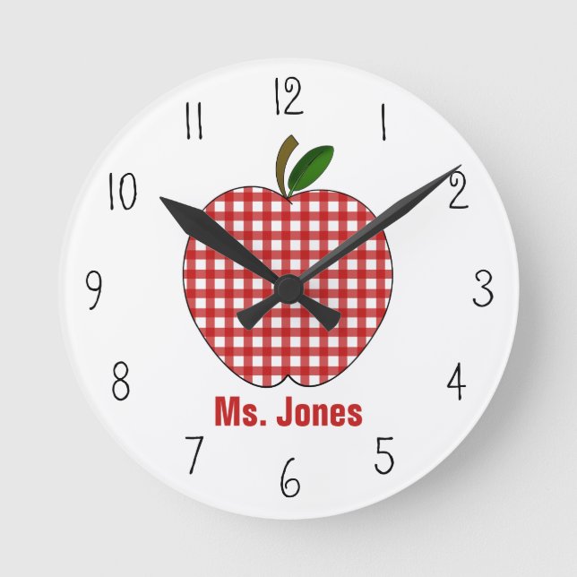 Red Gingham Apple Teacher Clock (Front)