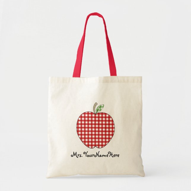 Red Gingham Apple Teacher Tote Bag (Front)