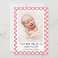 Red Gingham Baby Birth Announcement Photo Card