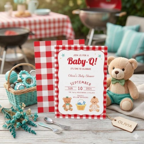 Red Gingham Baby-Q Baby Shower Invitation,Picnic Invitation